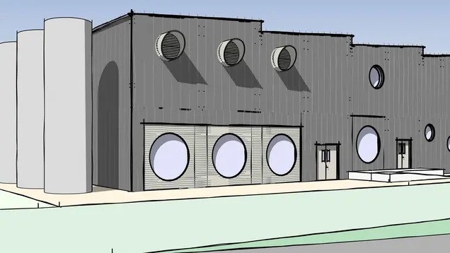 SWG-Lageplan-PowerLahn-Perspektive-Süd Das Bild zeigt eine architektonische Darstellung eines Gebäudes. Hier ist die Fassade grau und weist eine moderne, industrielle Ästhetik auf. Auffällig sind die großen runden Fenster, die entlang der Vorderseite des Gebäudes angeordnet sind. Zusätzlich gibt es mehrere runde Lüftungsöffnungen, die aus der Fassade herausragen.