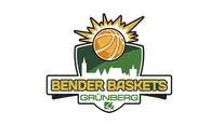Logo der Bender Baskets Grünberg mit einem Basketball mit Sonnenschliff über einer stilisierten Stadtsilhouette in den Farben Grün und Gelb, die die Identität und den Standort des Basketballteams betont.