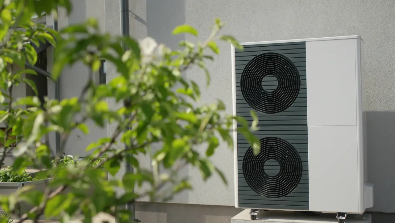Powerful heat pump for heating and air conditioning of a modern private house. Energy saving technology concept