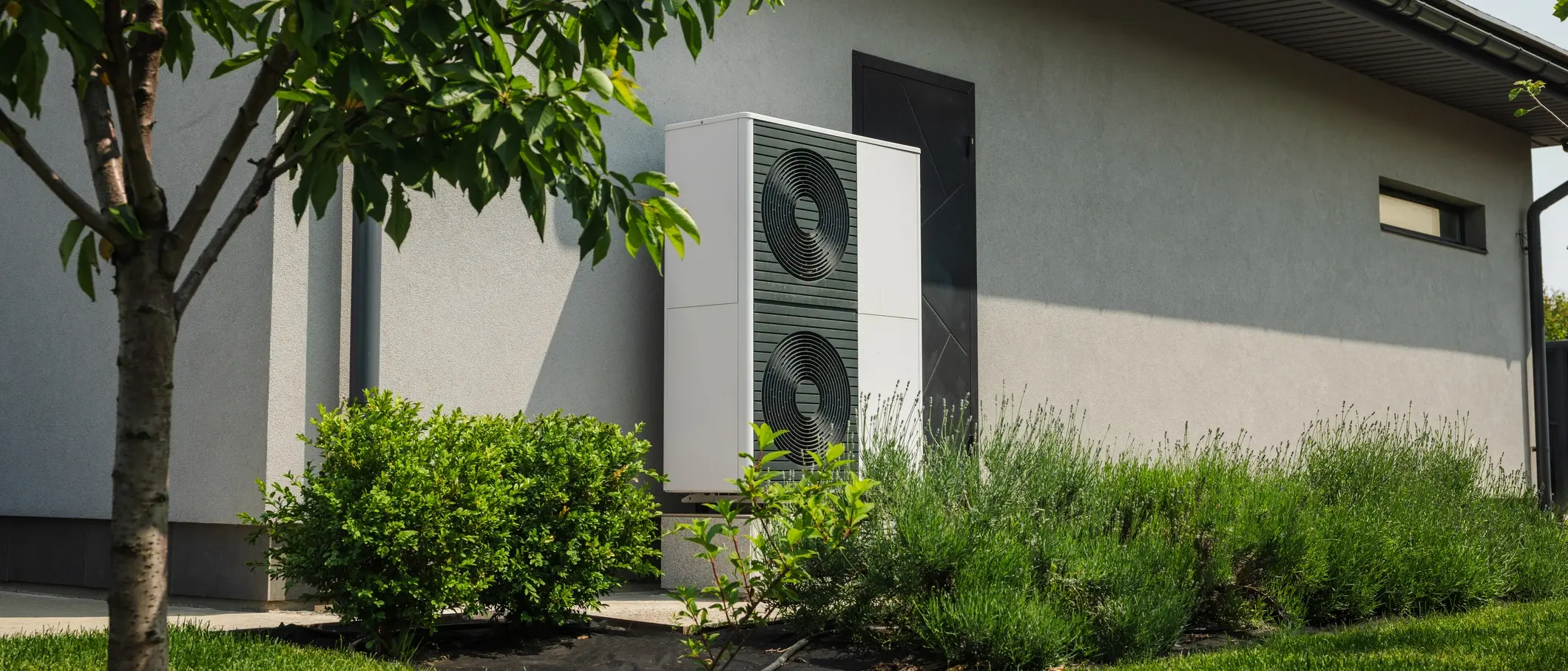 Modern heat pump unit installed next to a residential house wall, surrounded by green lawn, bushes, and young trees in a landscaped yard