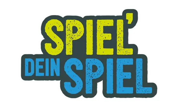 Textlogo mit dem Schriftzug ‚SPIEL‘ DEIN SPIEL‘. ‚SPIEL‘ ist in gelber, fetter, strukturierter Schrift, ‚DEIN‘ in kleinerer blauer Schrift und ‚SPIEL‘ in größerer blauer Schrift. Der Text ist in schwarzer Farbe auf weißem Hintergrund mit einer Umrandung.