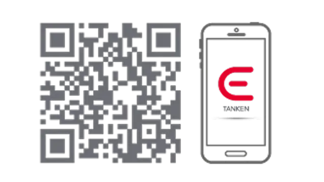QR-Code, ein Smartphone-Symbol mit einem roten "E"-Logo und dem Wort "TANKEN".