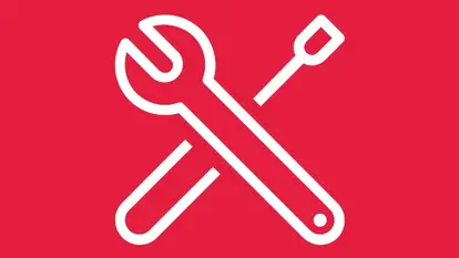 SWG-Symbol-Schraubenschlüssel Ein Symbol mit einem weißen Schraubenschlüssel und einem Schraubendreher, die sich kreuzen, auf einem roten Hintergrund.