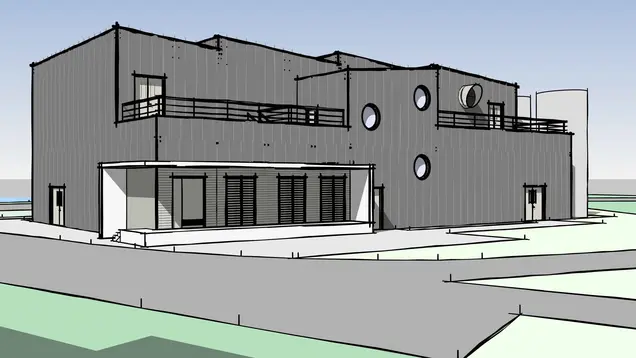 SWG-Lageplan-PowerLahn-Perspektive Es handelt sich um ein Rendering eines modernen Gebäudes in einer architektonischen Zeichnung. Das Gebäude hat eine rechteckige Form mit klaren, minimalistischen Linien. Die Fassade ist überwiegend grau und scheint aus Metall oder Beton zu bestehen. Es gibt runde Fenster und Balkone, die an der Vorderseite des Gebäudes verlaufen. Im Vordergrund ist eine Straßenfläche und einige angrenzende Strukturen zu sehen.
