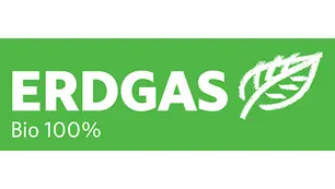 Grünes Erdgas Logo mit Bildunterschrift "Bio 100%"