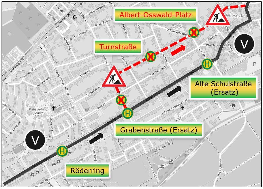 Vollsperrung der Rabenauer Straße und der Grabenstraße in Wieseck