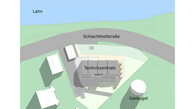 SWG-Lageplan-Powerlahn Das Bild zeigt eine Lagekarte, die den Standort eines Gebäudekomplexes darstellt. Die Karte ist beschriftet und zeigt eine Umgebung in der Nähe der Lahn. Direkt an der Straße namens Schlachthofstraße ist die Technikzentrale markiert, welche das Hauptgebäude des Komplexes ist.
