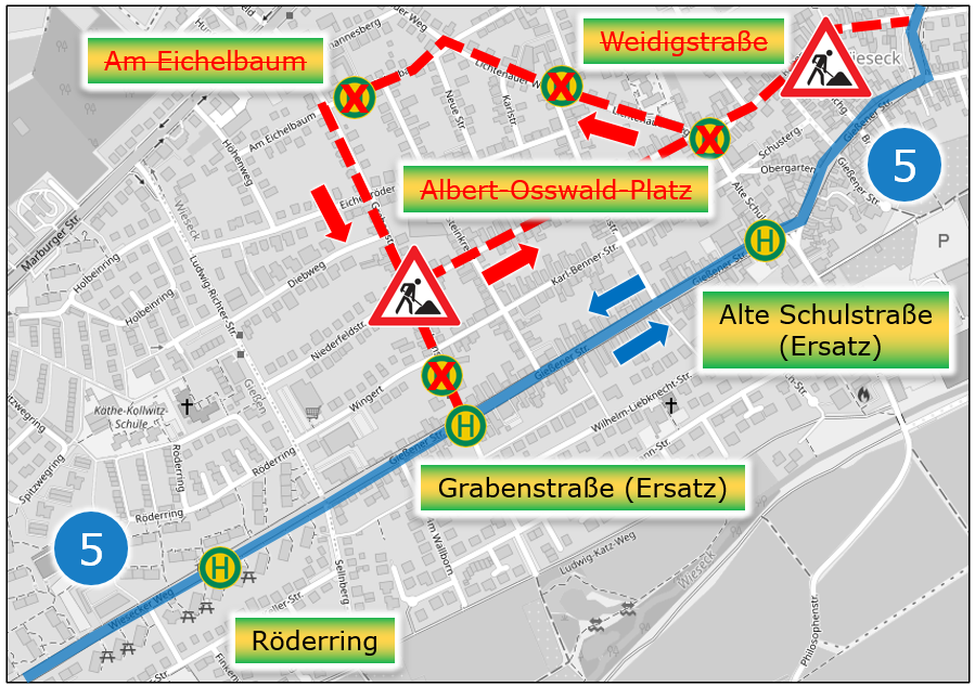 Vollsperrung der Rabenauer Straße und der Grabenstraße in Wieseck